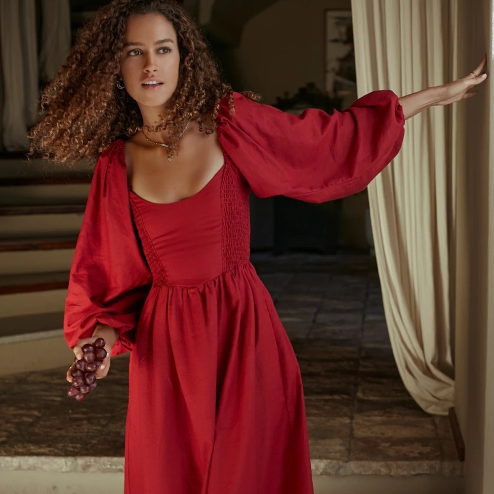 Alila Smocked Linen Midi Dress | Handmade | 100% Linen | Red | Medium | Like New